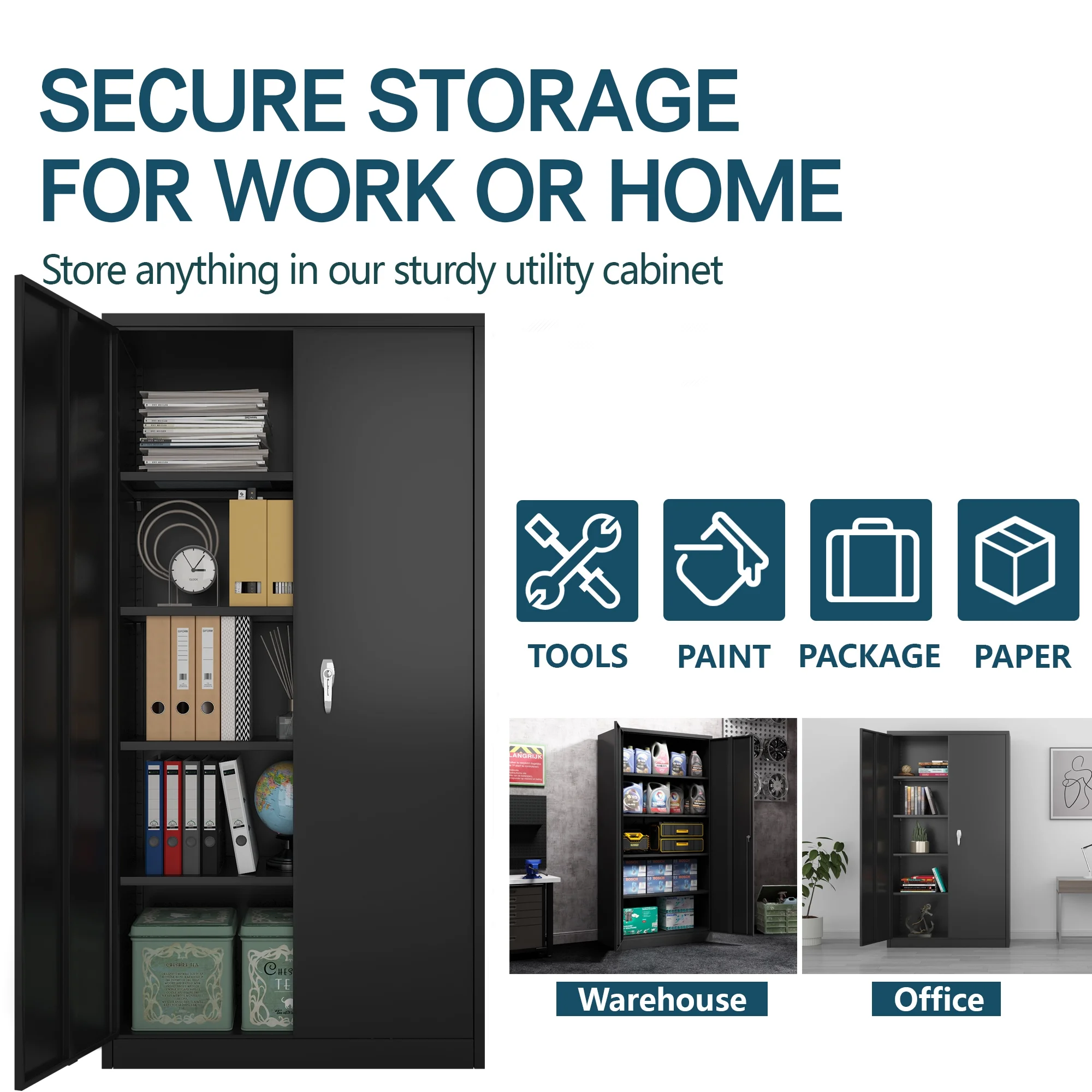 GangMei Industrial Metal Garage Storage Cabinet, Large Space Steel Utility Cabinets with 4 Adjustable Shelves & Locking Doors, Assembly Required（Black, 71 inches Tall ）