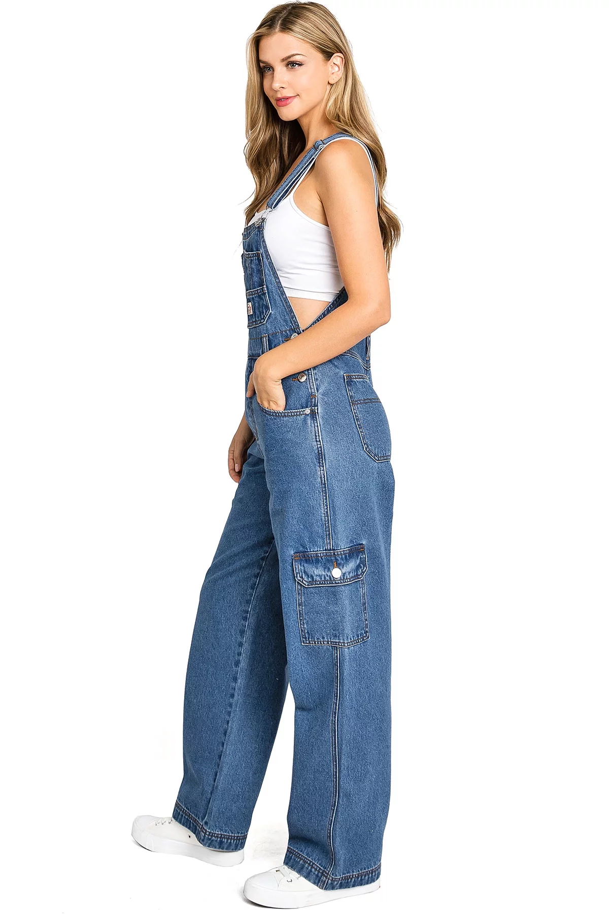 Lana Roux 90s Retro Revolt Dungaree Cargo Utility Jean Overalls (Medium Denim, S)