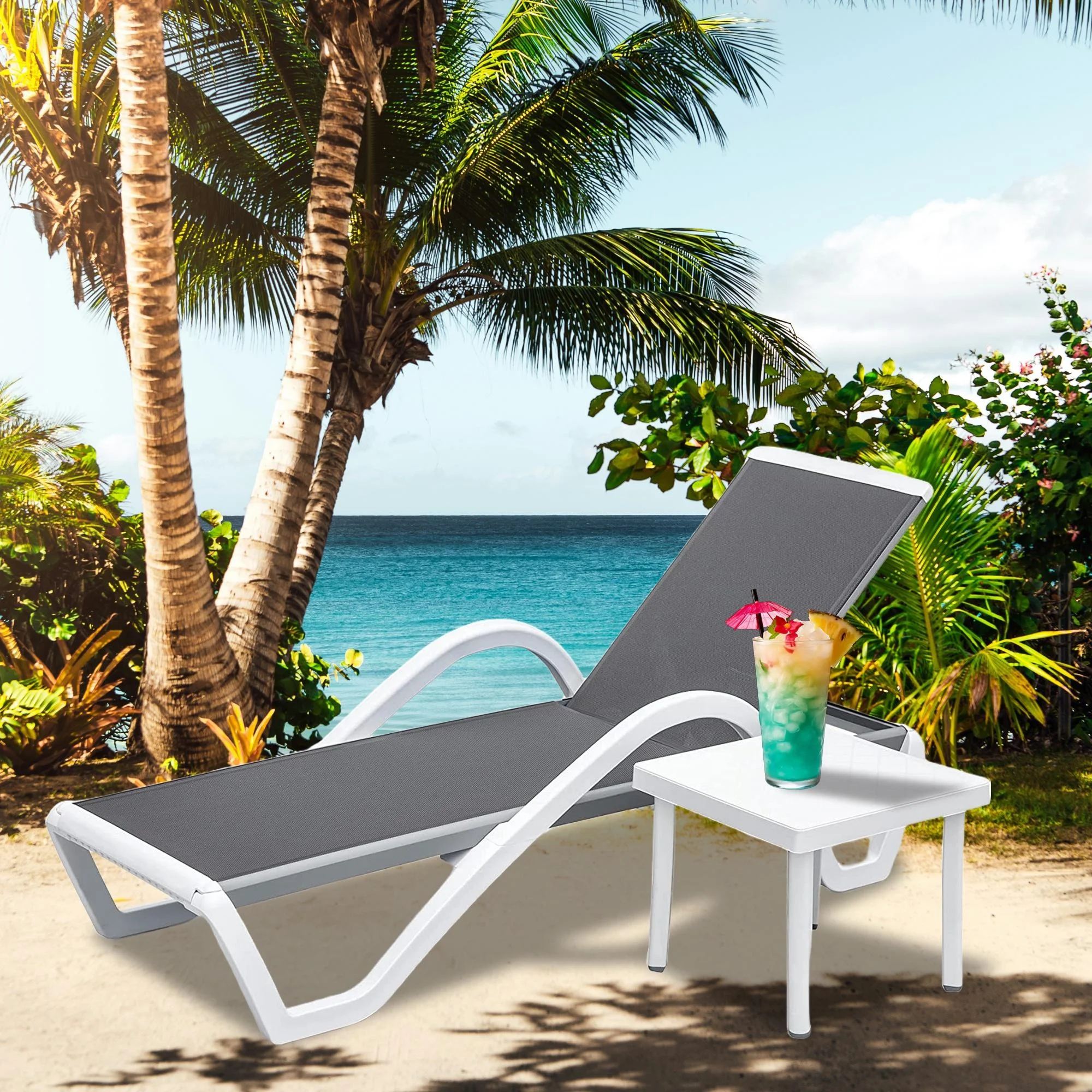 Glavbiku Patio Chaise Lounge Adjustable Aluminum Lounge Chair with Arm Poolside with Side Table,Gray