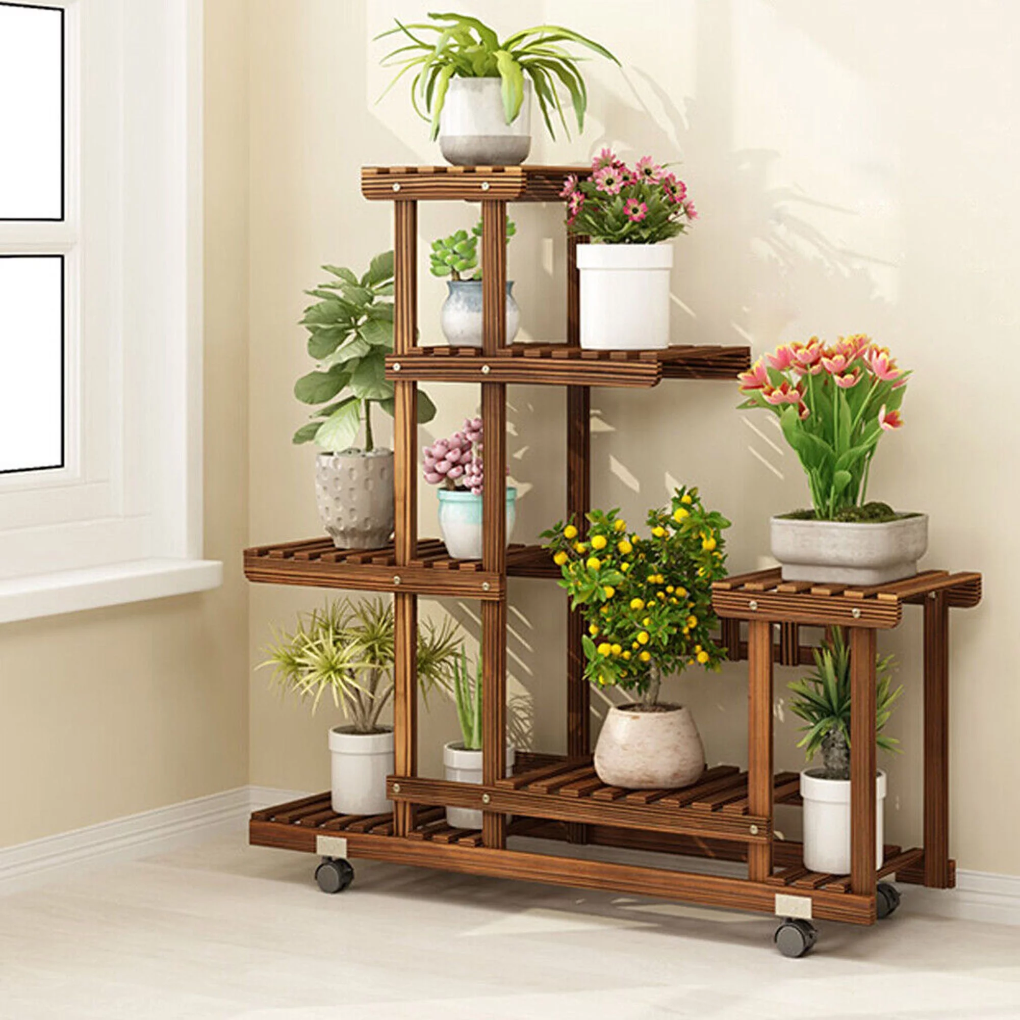 Wood Plant Stand High Low Shelves Flower Rack Display Plant Stand Rack 5 Tier for Indoor Outdoor Patio Porch Balcony (with a Pair of Glove)