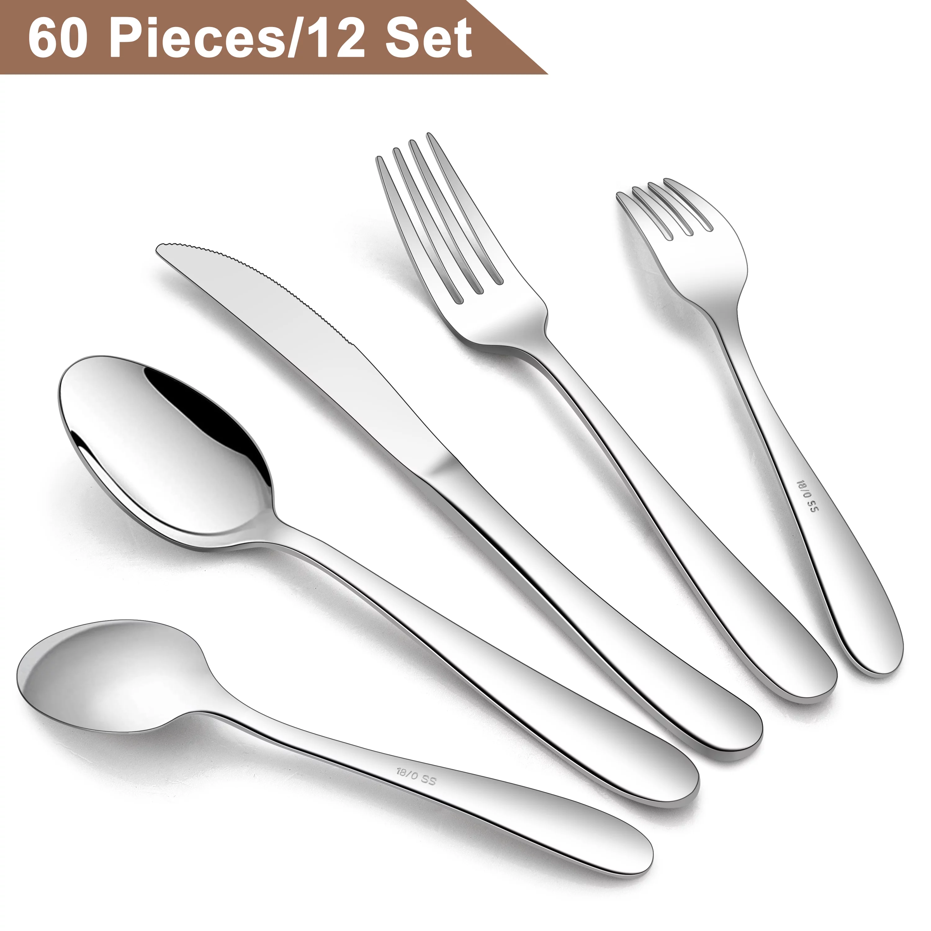 Walchoice 60-Piece Heavy Duty Silverware Set, Stainless Steel Cutlery Flatware Set for 12, Elegant Metal Eating Utensils Tableware
