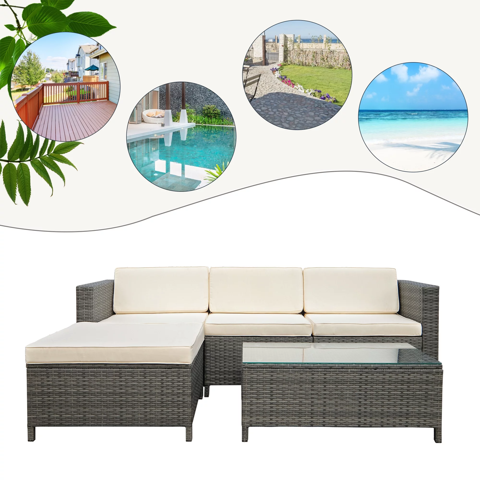 Superjoe 5 Piece Outdoor Patio Conversation Furniture Sets with Glass Coffee Table and Ottomans,All Weather Grey PE Rattan Wicker Cushioned Sectional Patio Sofa Chair Sets,Cream White