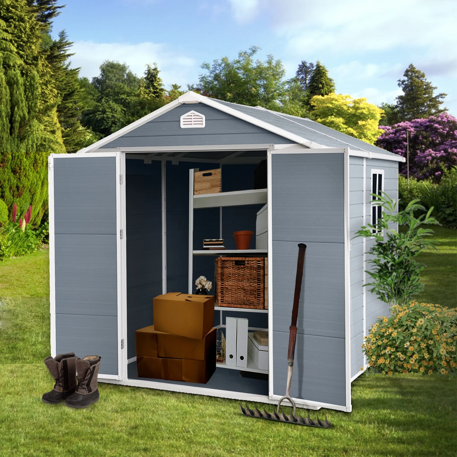 Outdoor Storage Shed 6x8 FT, Plastic Resin Garden Shed for Tools,Garbage Can,Waterproof Outside Shed with Floor and Lockable Door for Backyard, Patio, Lawn (Grey-6×8ft)