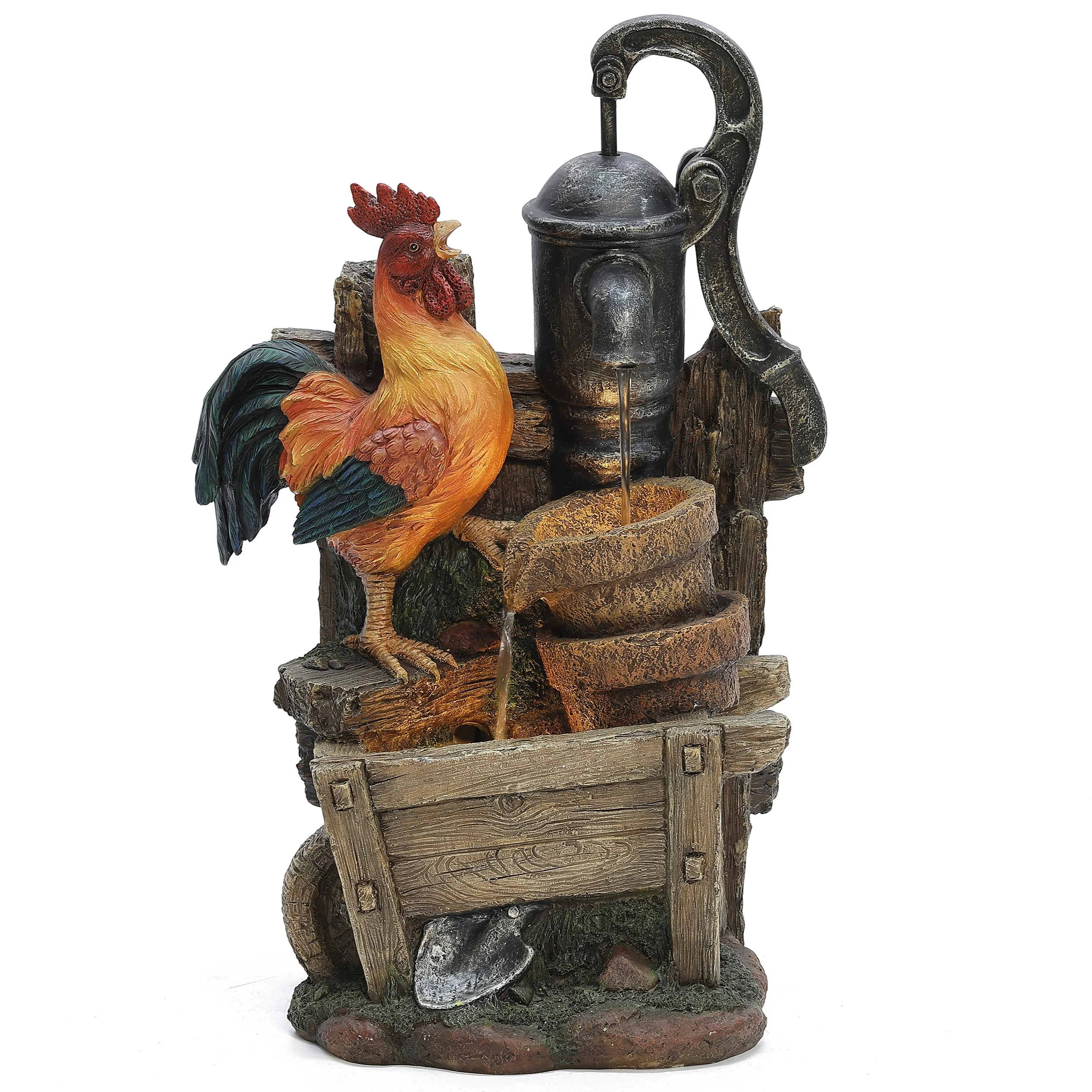 LuxenHome Farmhouse Pump and Rooster Resin Outdoor Fountain with LED Lights