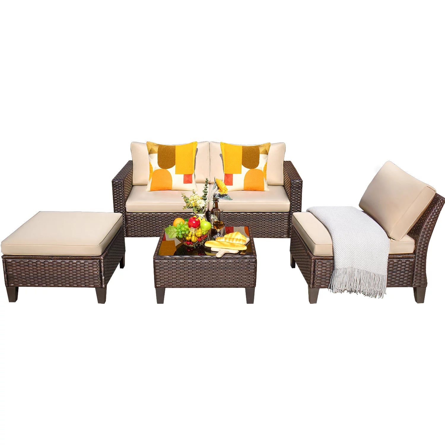 Lacoo 5 Pieces Outdoor Patio Furniture Sofa Set Wicker Rattan Sectional Sofa Sets with Ottoman