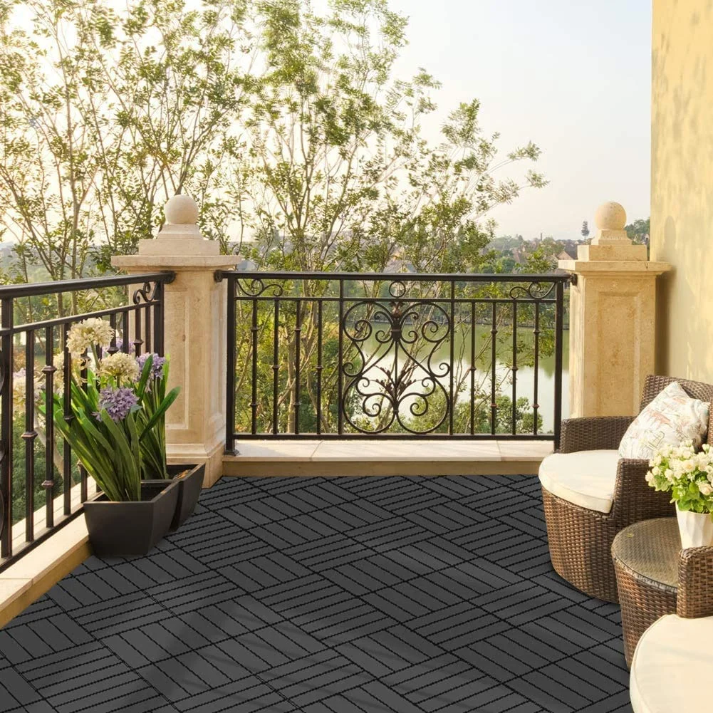 Domi Outdoor Living Patio Deck Tiles, 12 x 12 inches Composite Interlocking Decking Tile, Four Slat Plastic Outdoor Flooring, 27 Pieces One Pack, Dark Grey