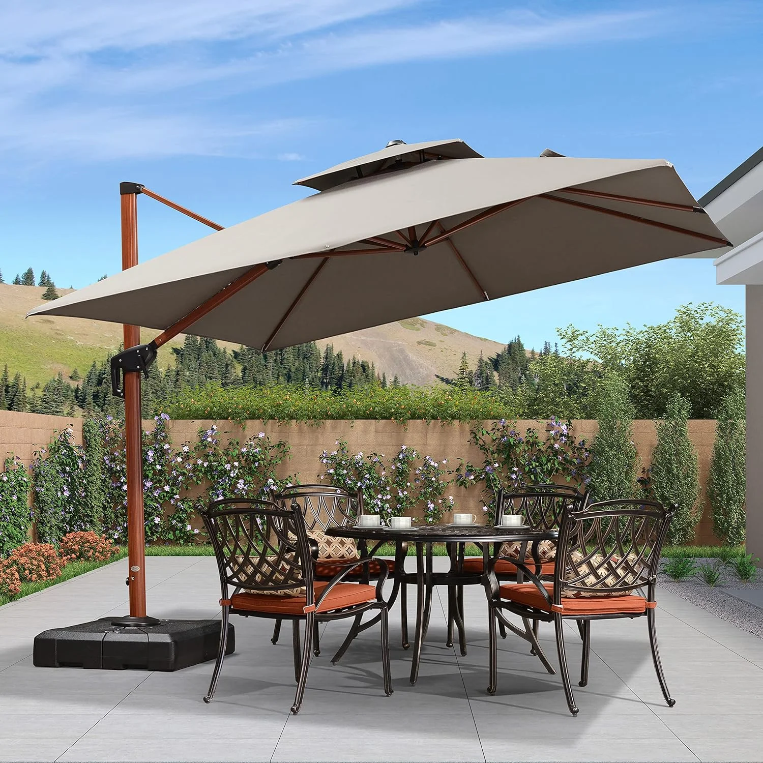 PURPLE LEAF 10 Feet Double Top Deluxe Sunbrella Wood Pattern Square Patio Umbrella Cantilever Umbrella Offset Hanging Umbrella Outdoor Market Umbrella Garden Umbrella, Spectrum Graphite