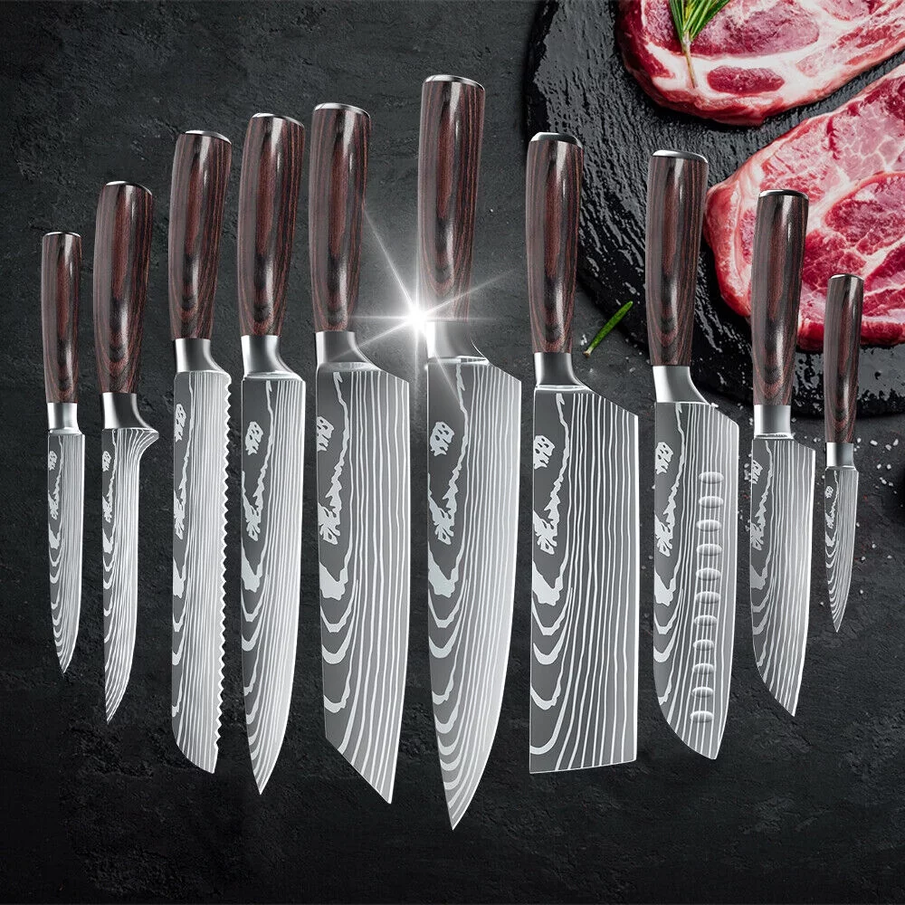 MDHAND 10pcs Knife Set with Ergonomic Pakkawood Handle, 3.5 - 8inch Laser Damascus Stainless Steel Cutlery Japanese Chef Slicing Santoku Cleaver, Kitchen Cooking Tools