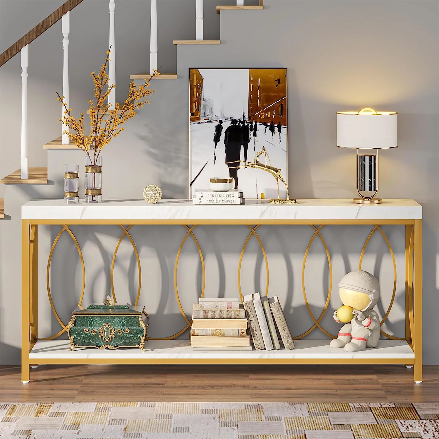 Tribesigns 70.9 inches Extra long Console Table, 2-Tier White Faux Marble Sofa Table Entryway Table, White Gold