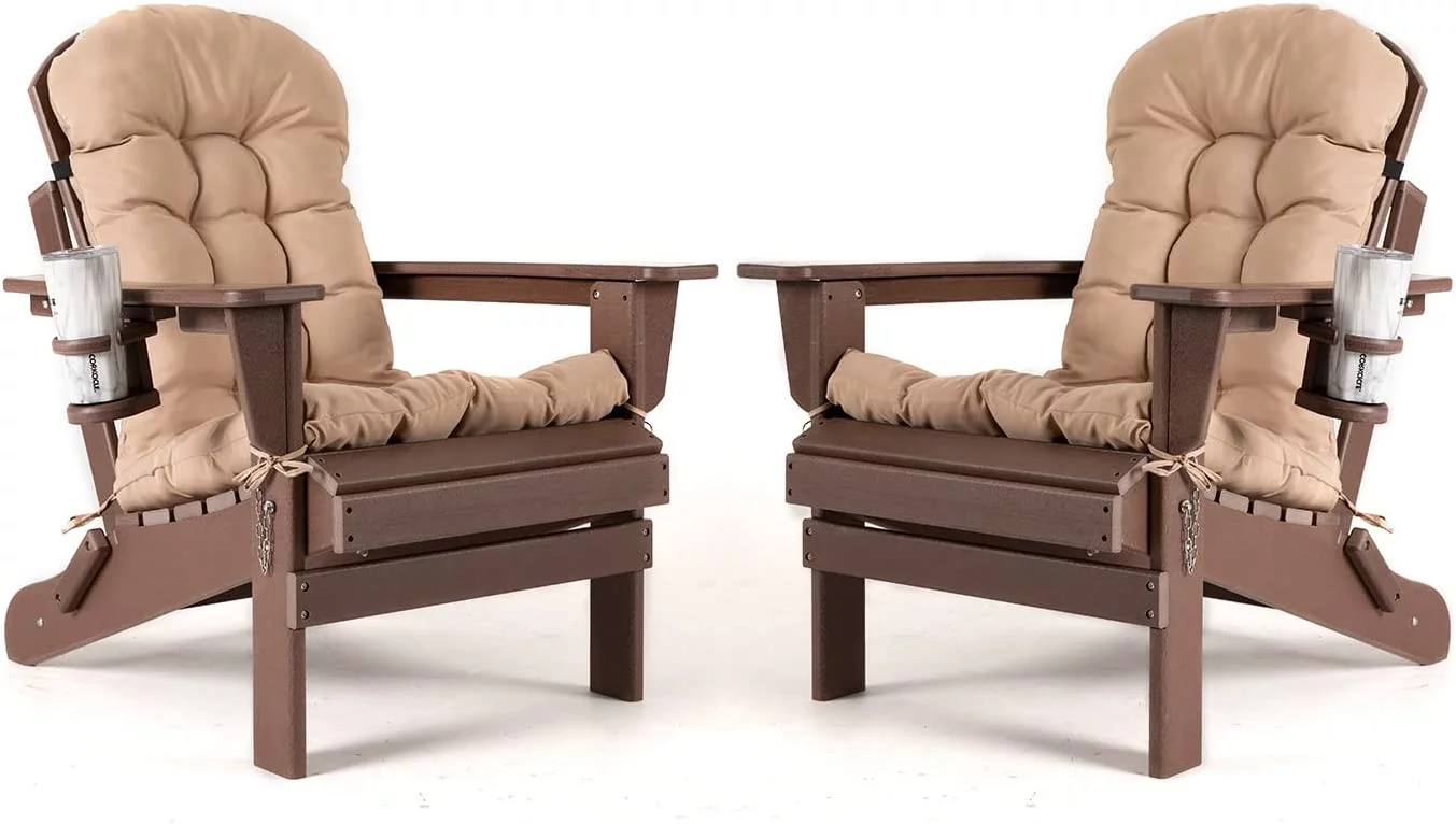 Nalone Folding Adirondack Chairs set of 2 with Cushion with Cup Holder, HDPE Plastic Oversized Patio Chair Weather Resistant(Wood)