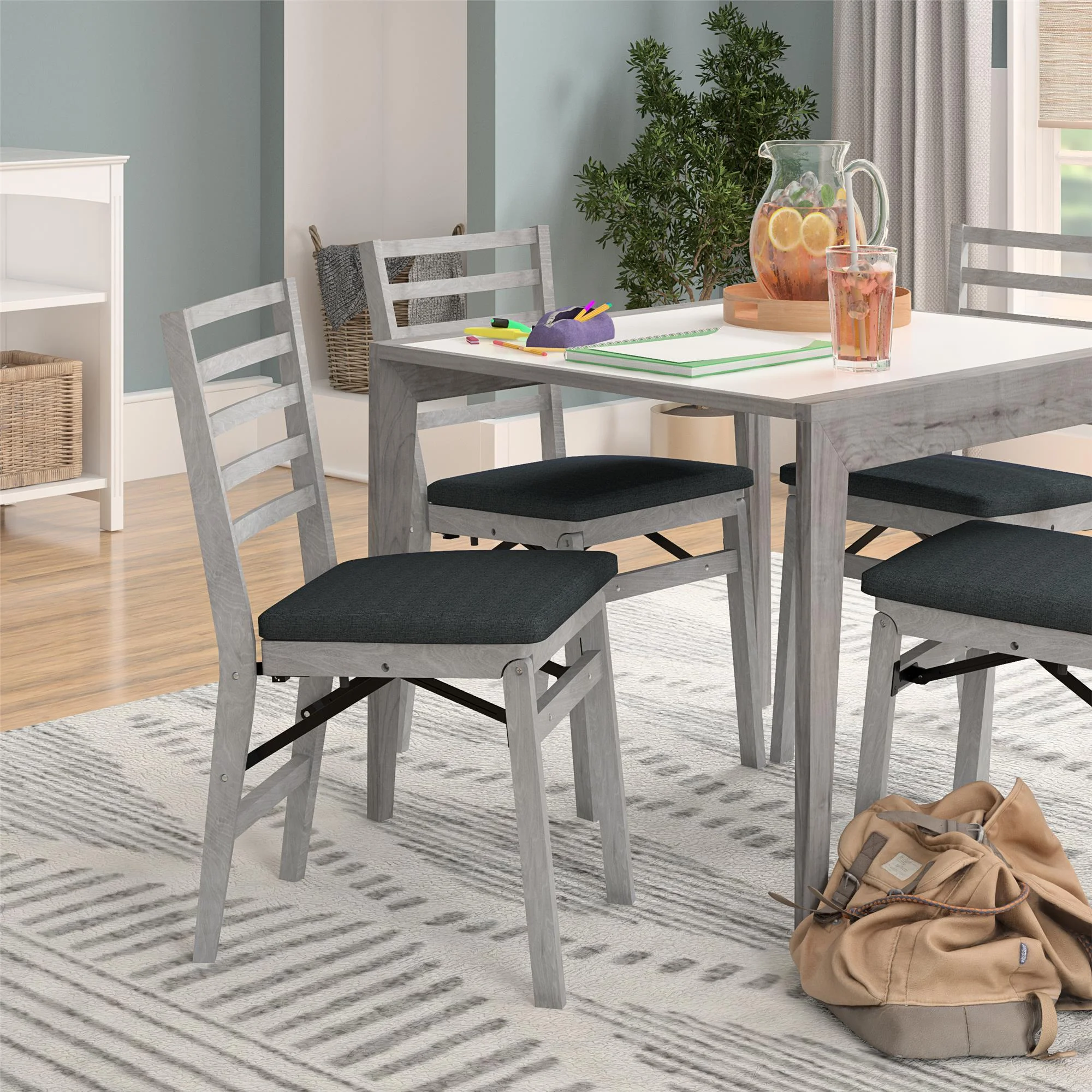 COSCO Contoured Back Wood Folding Chair with Fabric Seat, Gray Wash, 2-Pack