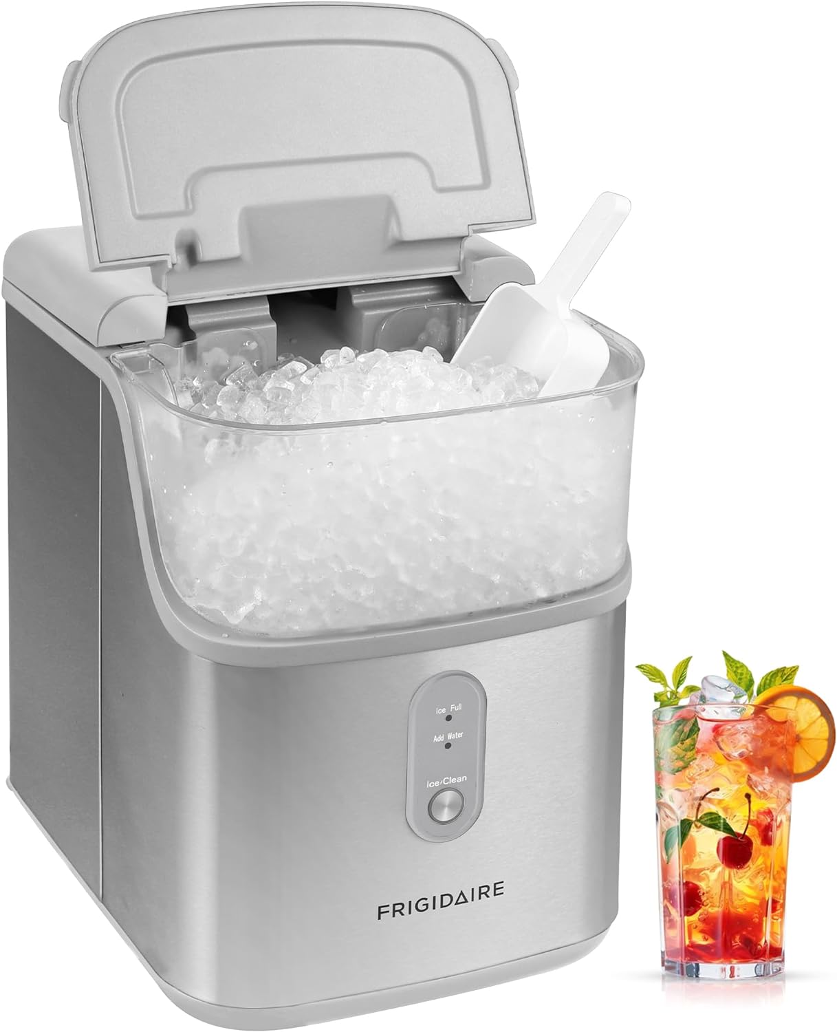 Frigidaire Countertop Crunchy Chewable Nugget Ice Maker, Compact, 33lbs per Day, Metallic Finish