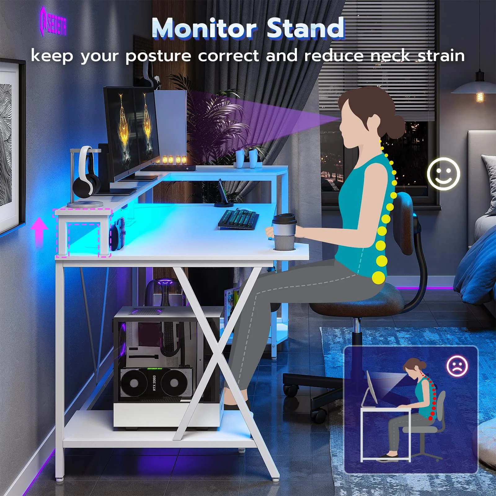 SEDETA Gaming Desk 70.8'' with LED Lights and Storage Shelves, Computer Desk with Monitor Stand, Power Outlets and Cup Holder, Large PC Gamer Desk, White