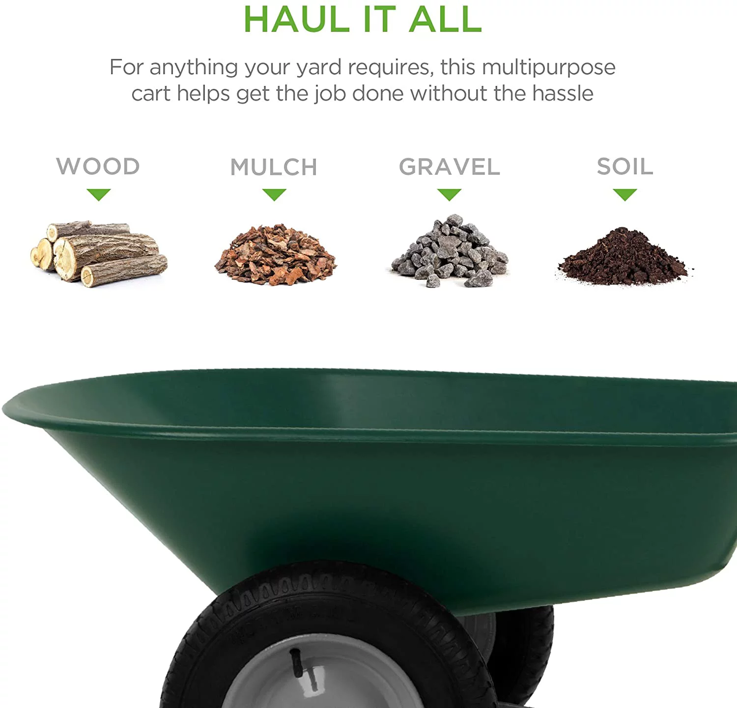 Dual-Wheel Home Utility Yard Wheelbarrow Garden Cart w/ Built-in Stand for Lawn, Gardening, Grass, Soil, Bricks, and Construction, Green