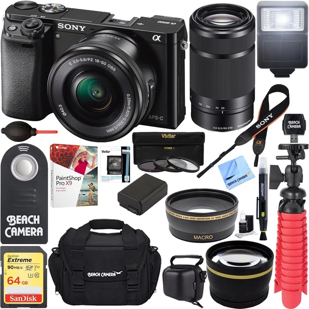 Sony Alpha a6000 24.3MP Mirrorless Camera 16-50mm & 55-210mm Zoom Lens (Black) + 64GB Accessory Bundle + Large Gadget Bag + Extra Battery+Wide Angle Lens+2x Telephoto Lens+Flash+Remote+Tripod