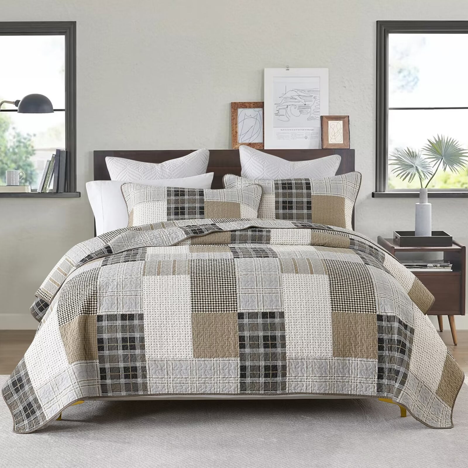 DDUOXIN King Size Quilt Set - 100% Cotton Beige/Brown Patchwork Plaid Farmhouse Quilt for King Bed, Lightweight Winter Quilt Reversible Thin Comforter Set with 2 Pillow Shams, 3-Piece 98