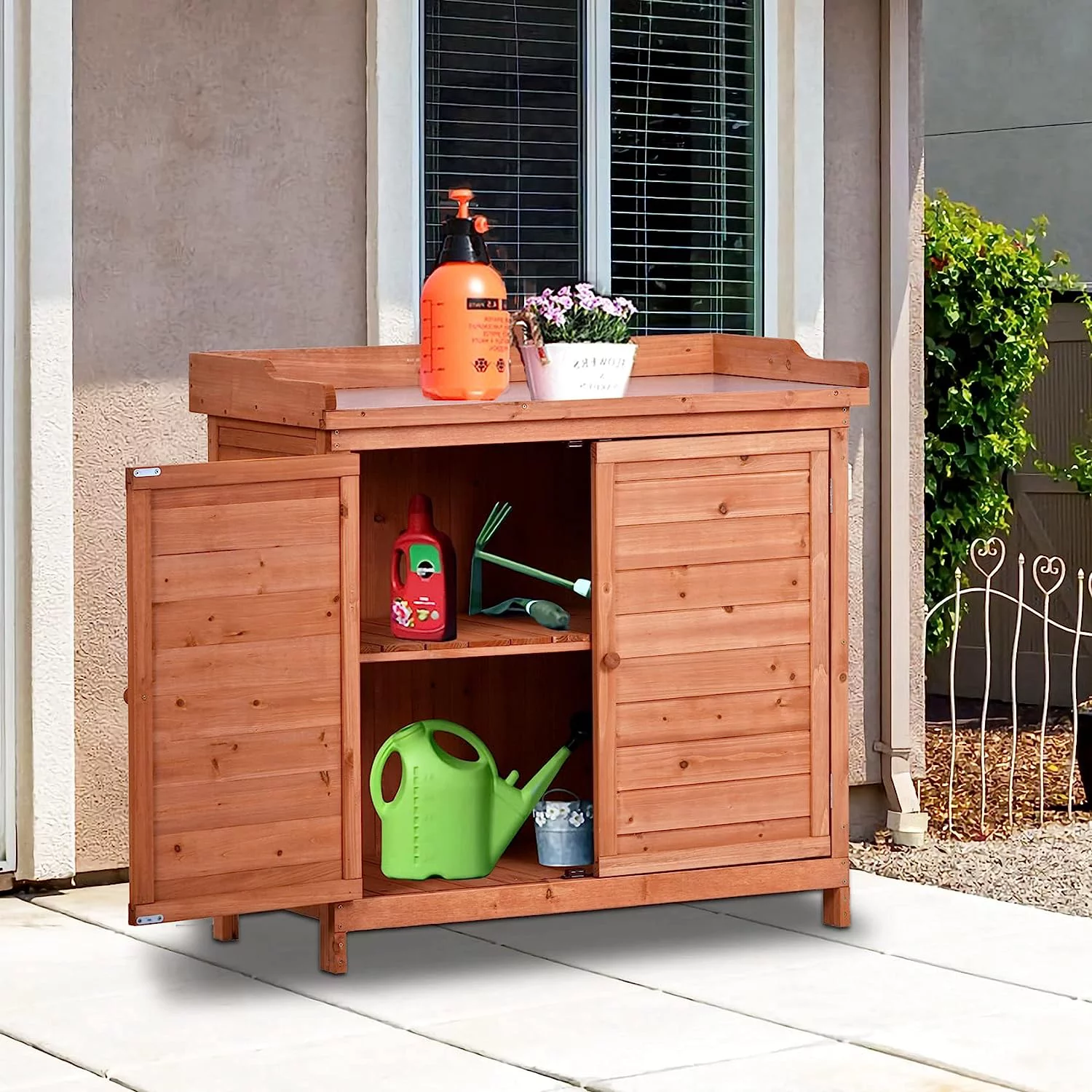 Outdoor Storage Shed with Floor, Waterproof Wooden Storage Cabinet, Tool Shed with Potting Benches, Rustic Wooden Garden Shed Organizer with Shelves and Hooks, Fir Wood (Orange)