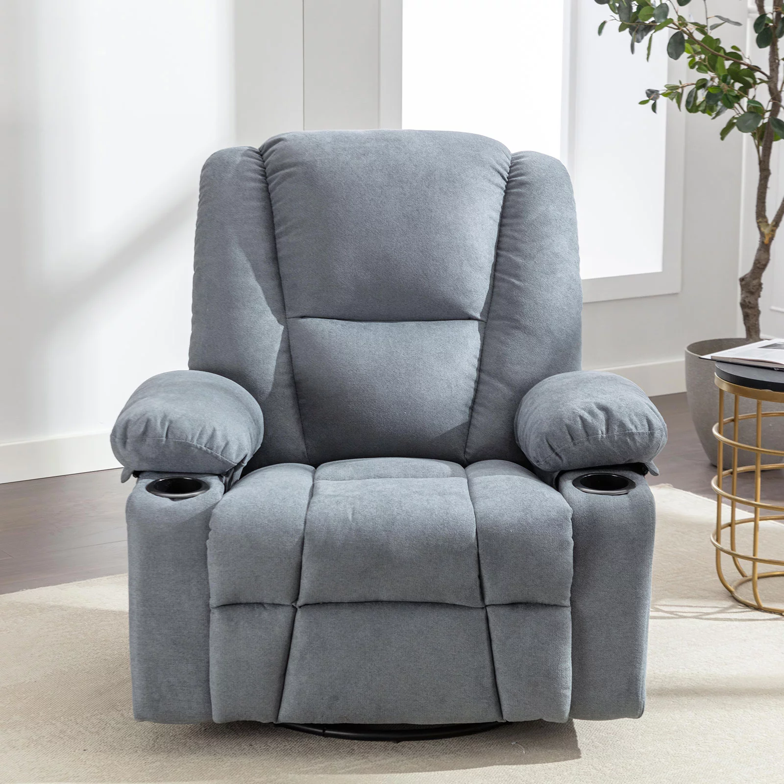 Bonzy Home Swivel Rocker Recliner Chair, Manual 360 Degree Swivel Glider Recliner, Nursery Rocking Recliner Chair with 2 Cup Holder, Overstuffed Soft Fabric Reclining Chair Home Theater Seat, Blue