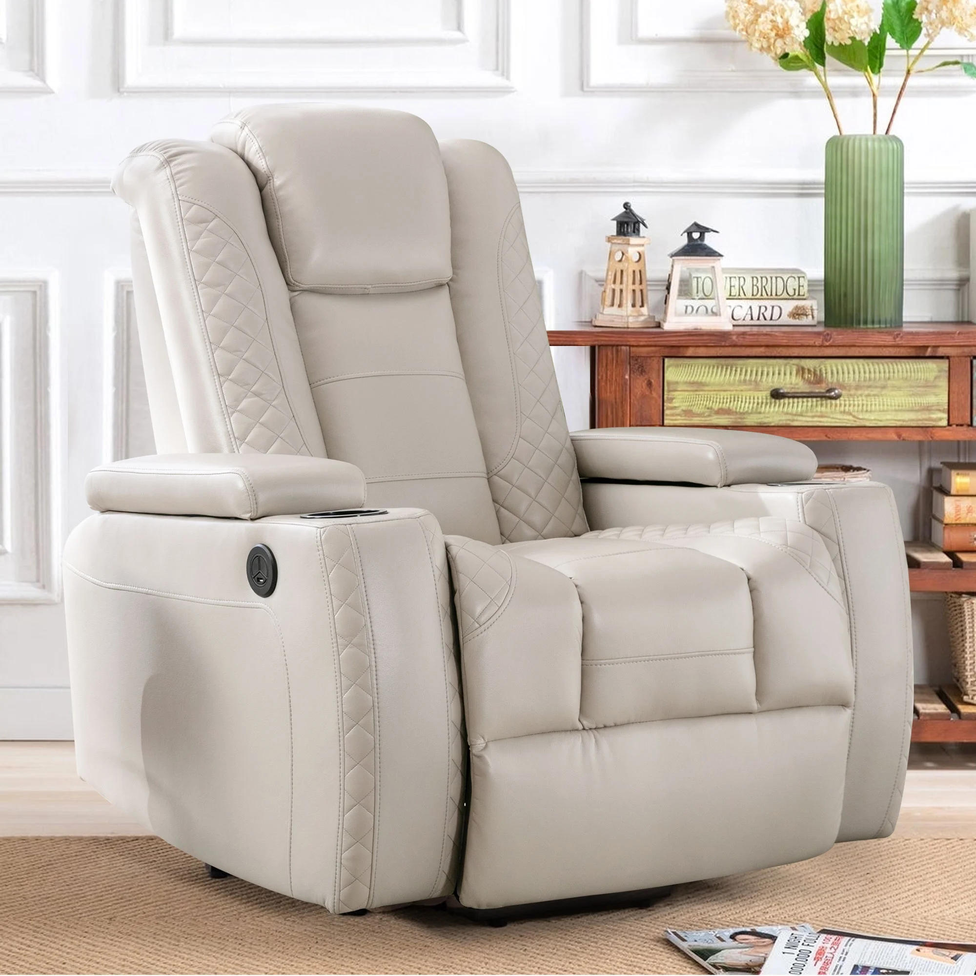 Kbest Power Recliner Chair with Cup Holders and Hidden Arm Storage Leather Home Theater Recliner with with USB Ports