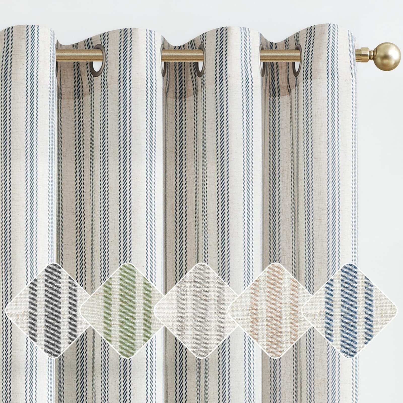 Curtainking Blue Striped Curtains Linen Farmhouse Living Room Curtains Ticking Stripe Curtains Rustic Pinstripe Curtains Grommet 2 Panels 50