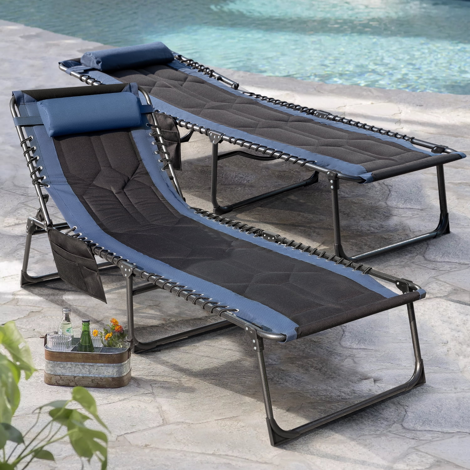 Devoko Patio Metal Lounge Chairs Folding Adjustable Chaise Chair with Side Bag, Blue