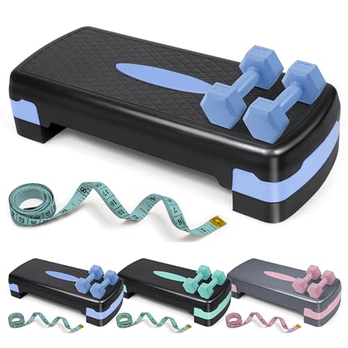 Aerobic Stepper Set with Dumbbells & Measuring Tape, Adjustable Height 2 Level Risers Workout Exercise Step Platform, 3 Colors, the Ultimate Gift for a Joyful Holiday and Merry Christmas