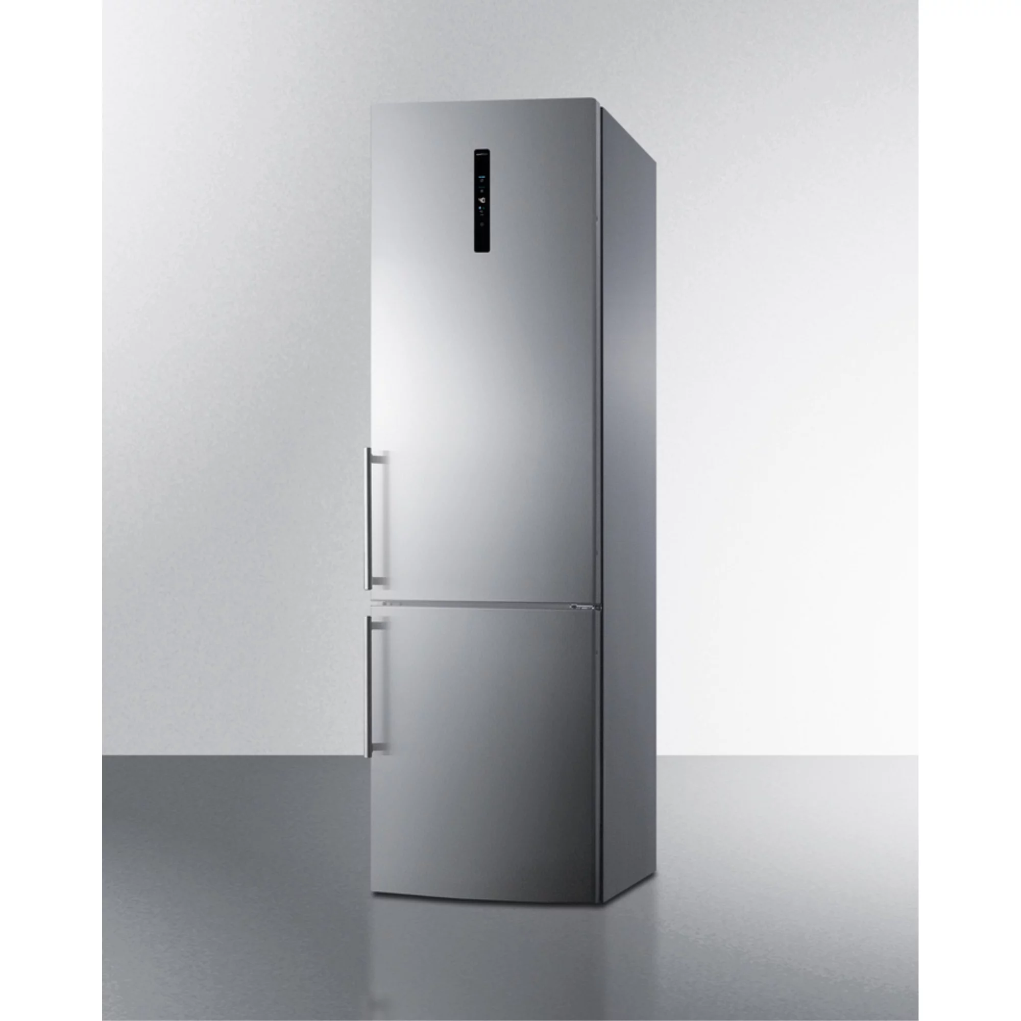 European counter depth bottom freezer refrigerator with icemaker, stainless steel doors, platinum cabinet, and digital controls for each section