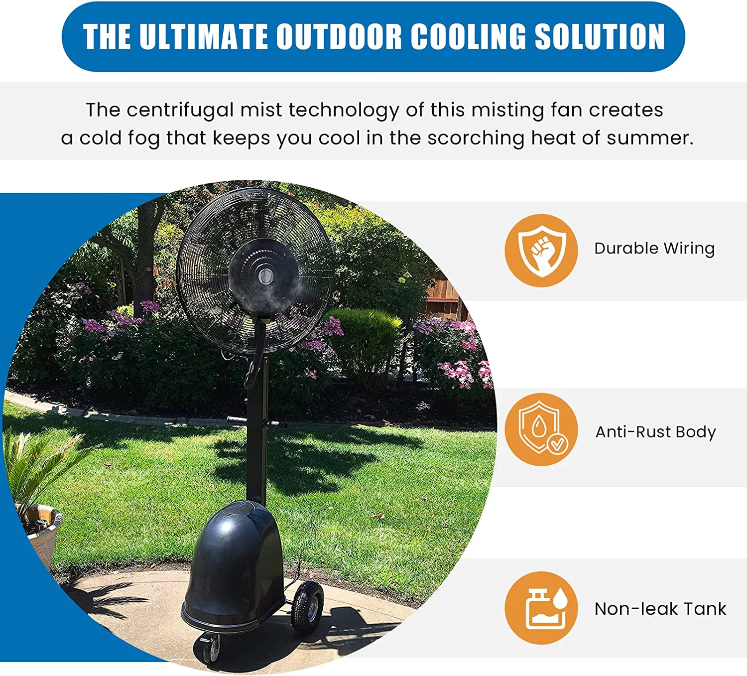 Cool-Off Island Breeze Oscillating Misting Fan, 3 Cooling Speeds with 12 Gallon Tank, Adjustable Height, Art Deco Pedestal Fan for Backyards, Patios and More, 26 inch, Black