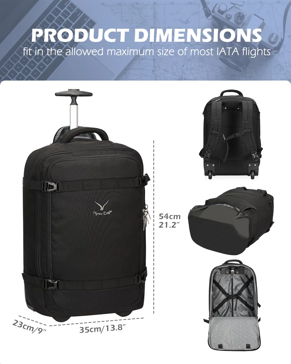 Hynes Eagle 42L Hybird Trolley Backpack with 2 Wheels Flight Approved Softside Carry-on Luggage