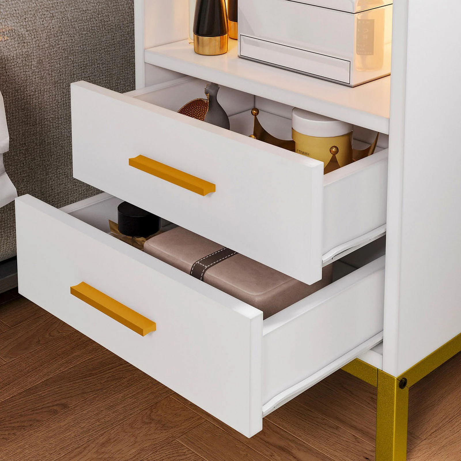 DWVO White Night Stand with LED Lights,  Wooden Bedside Table with Charging Station and Drawers, Open Storage, USB Ports and Outlets for Bedroom Living Room