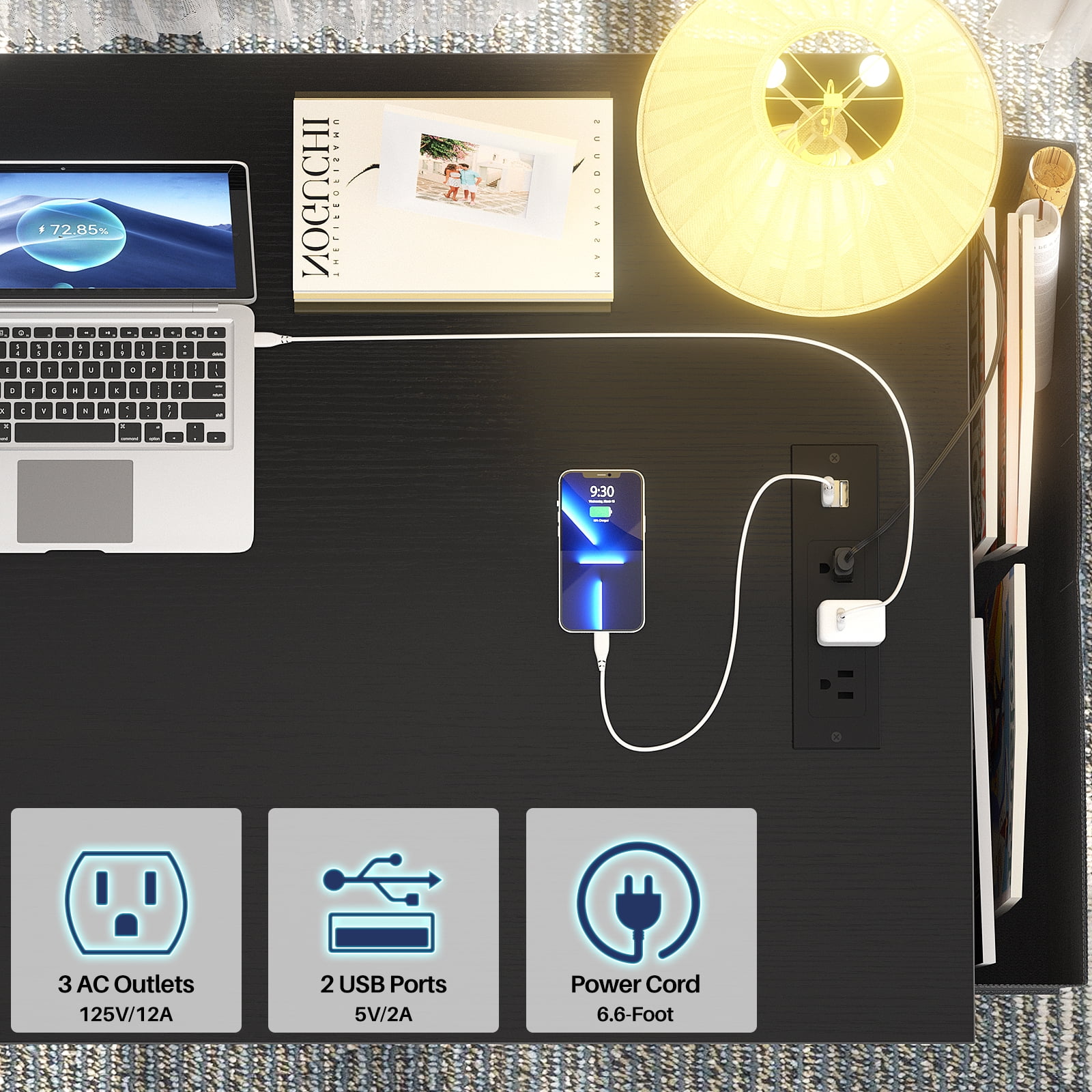 Homieasy Computer Desk with Power Outlets and USB Charging Ports, 47 Inch Modern Gaming Desk, Sturdy Office Desks PC Laptop, Simple Study Table for home office Workstation, Black