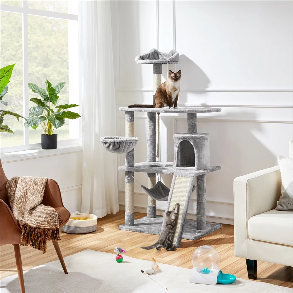 Easyfashion 63.5''H Multi Level Cat Tree Condo with Scratching Post, Light Gray