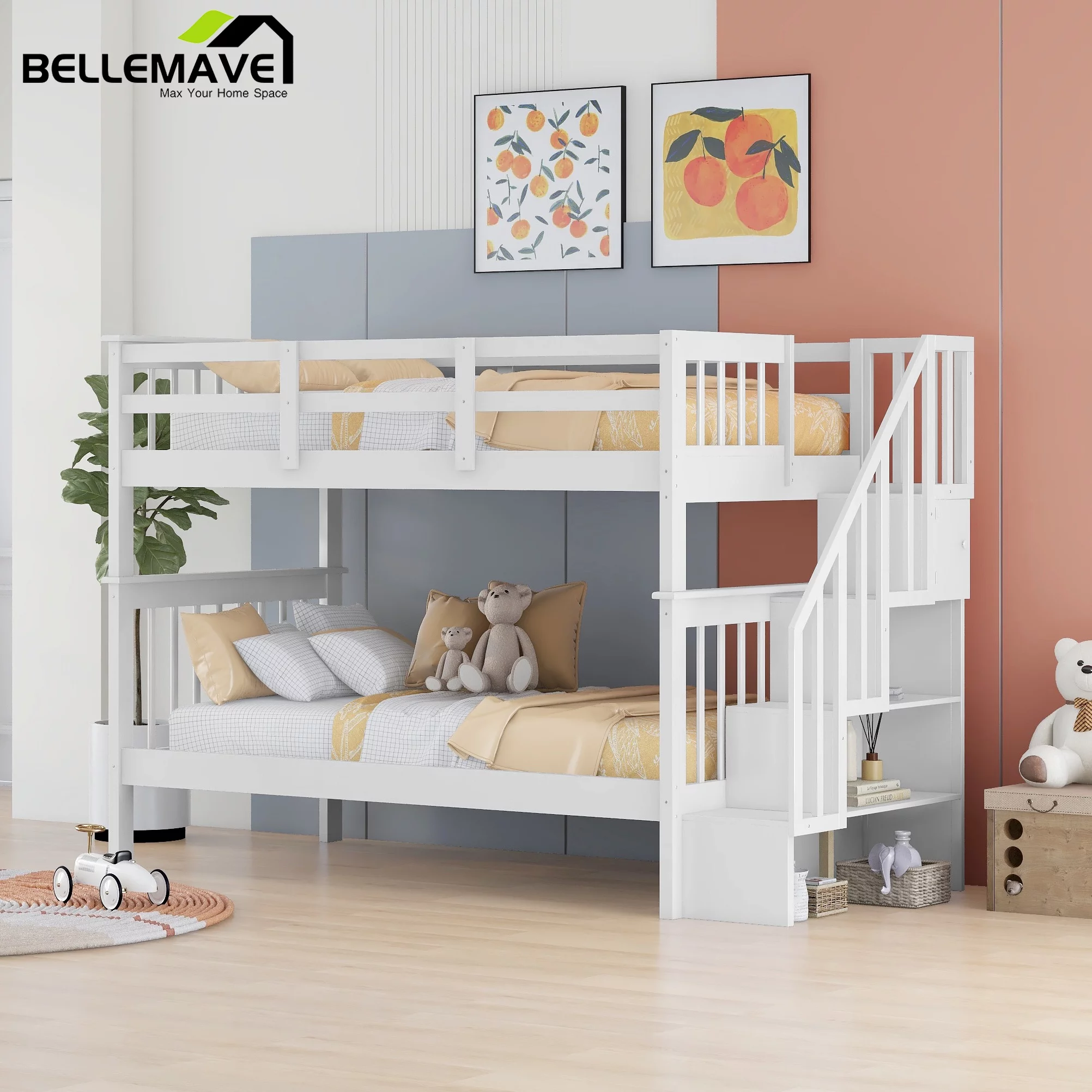 Bellemave Twin Over Twin Stairway Bunk Bed 2 Twin Bunk Bed with Storage Stairs Convertible 2 in 1 Bunk Bed Frame with Shelves and Guardrail for Kids, Teens, White