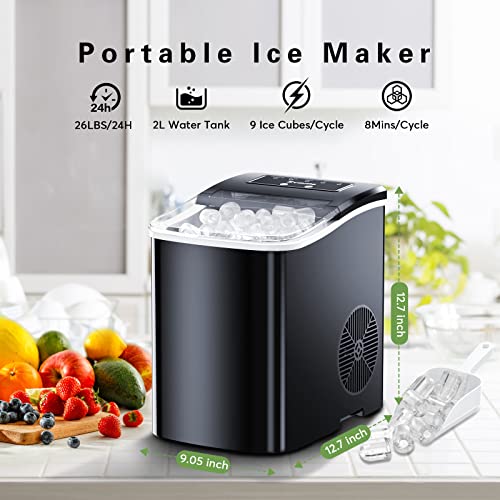 Portable Countertop Ice Maker Machine - with Ice Scoop, Basket, Makes 9 Ice Cubes in 8 Minutes, 26lbs/24 Hours, Self-Cleaning Countertop Ice Maker for Home/Office/Kitchen/Camping, Black