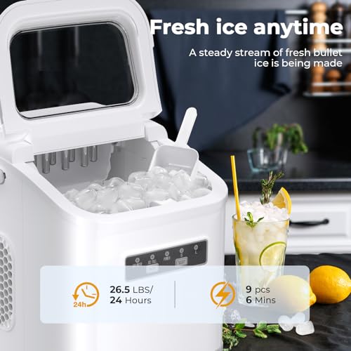 Countertop Ice Maker, Portable Bullet Ice Machine Self-Cleaning with Ice Scoop and Basket,9 Cubes in 6 Mins, 26.5lbs/24h,2 Sizes of Ice Cube for Home Kitchen Office Bar Party
