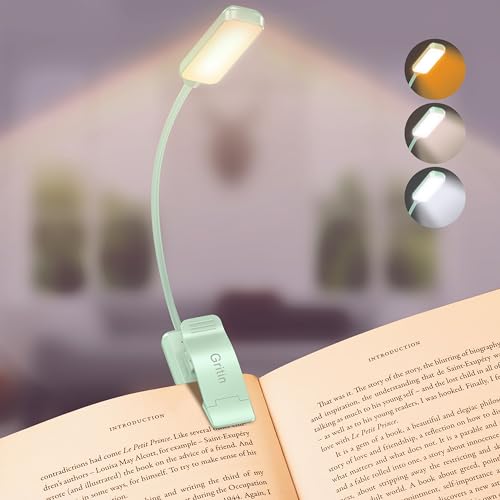 Gritin 9 LED Rechargeable Book Light for Reading in Bed - Eye Caring 3 Color Temperatures,Stepless Dimming Brightness,80 Hrs Runtime Small Lightweight Clip On Book Reading Light for Studying