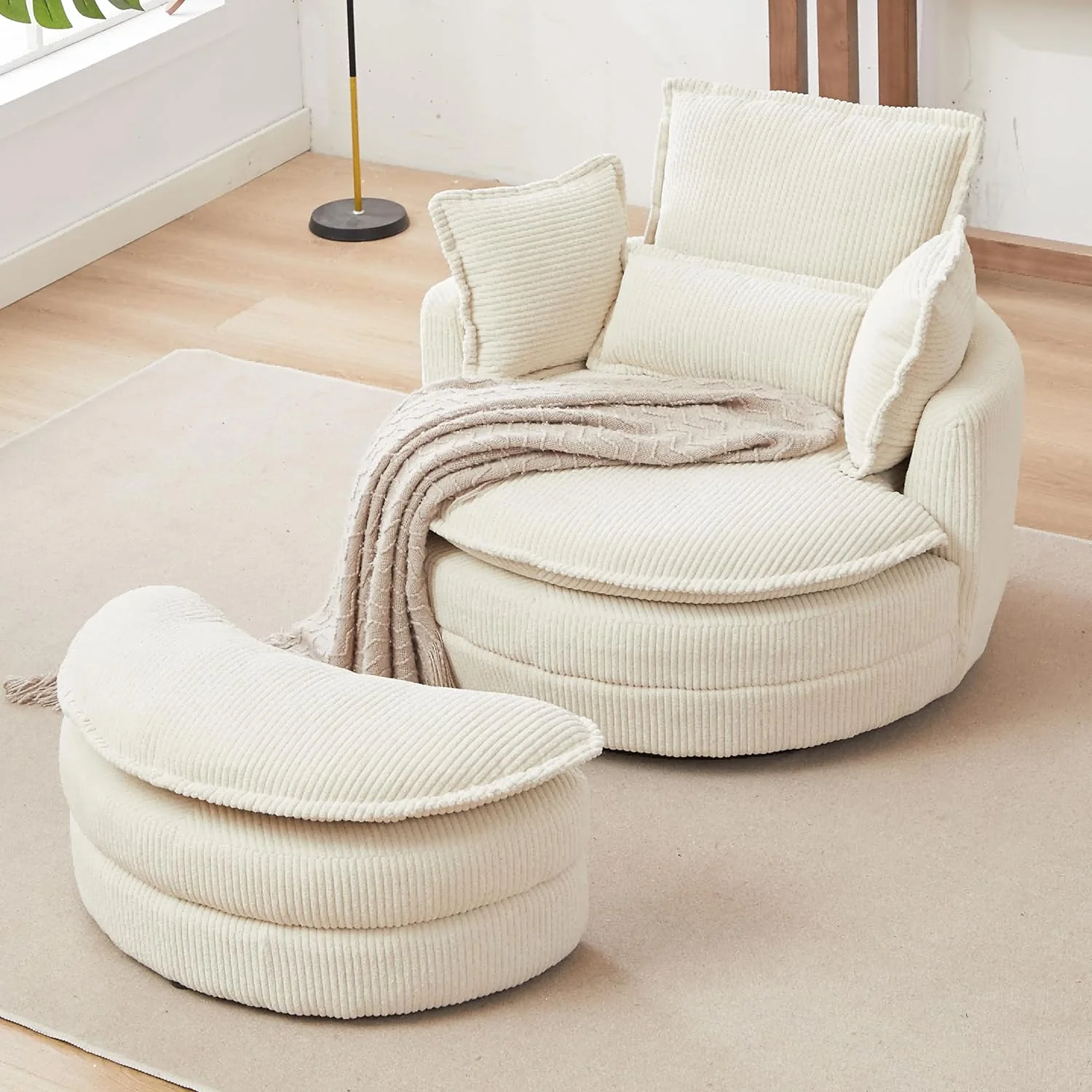 Tabaray Tufted Upholstered Swivel Accent Chair, Corduroy Fabric Single Barrel Chair with Ottoman, Comfy Cloud Chair for Living Room, Bed Room, Book Nook-Beige