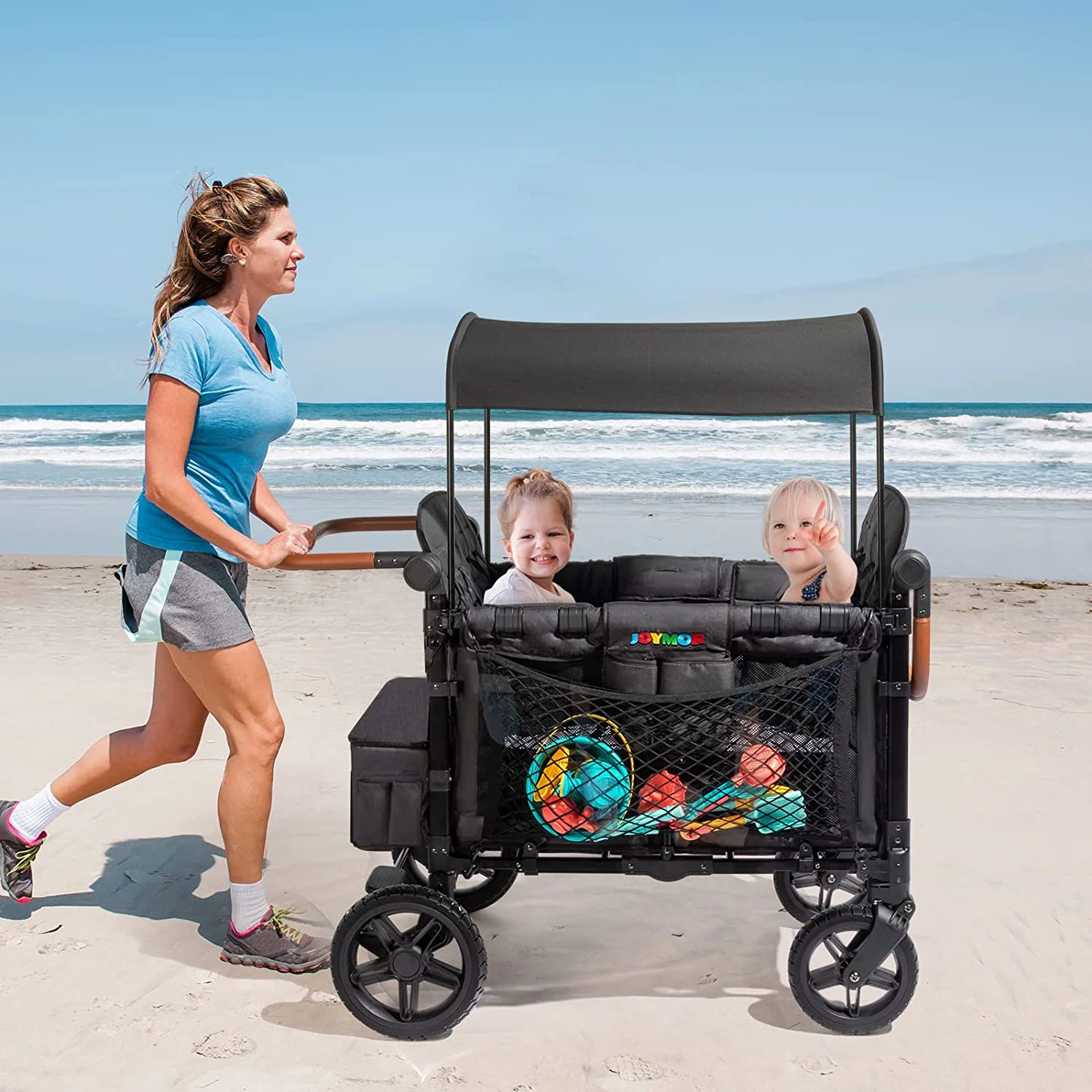 JOYMOR Stroller Wagon for 4 Kids, Luxury 4 Seater Wagon Stroller, Features Rubber Wheel,5-Point Harnesses, Double Side Handles, Adjustable/Removable UV-Protection Canopy
