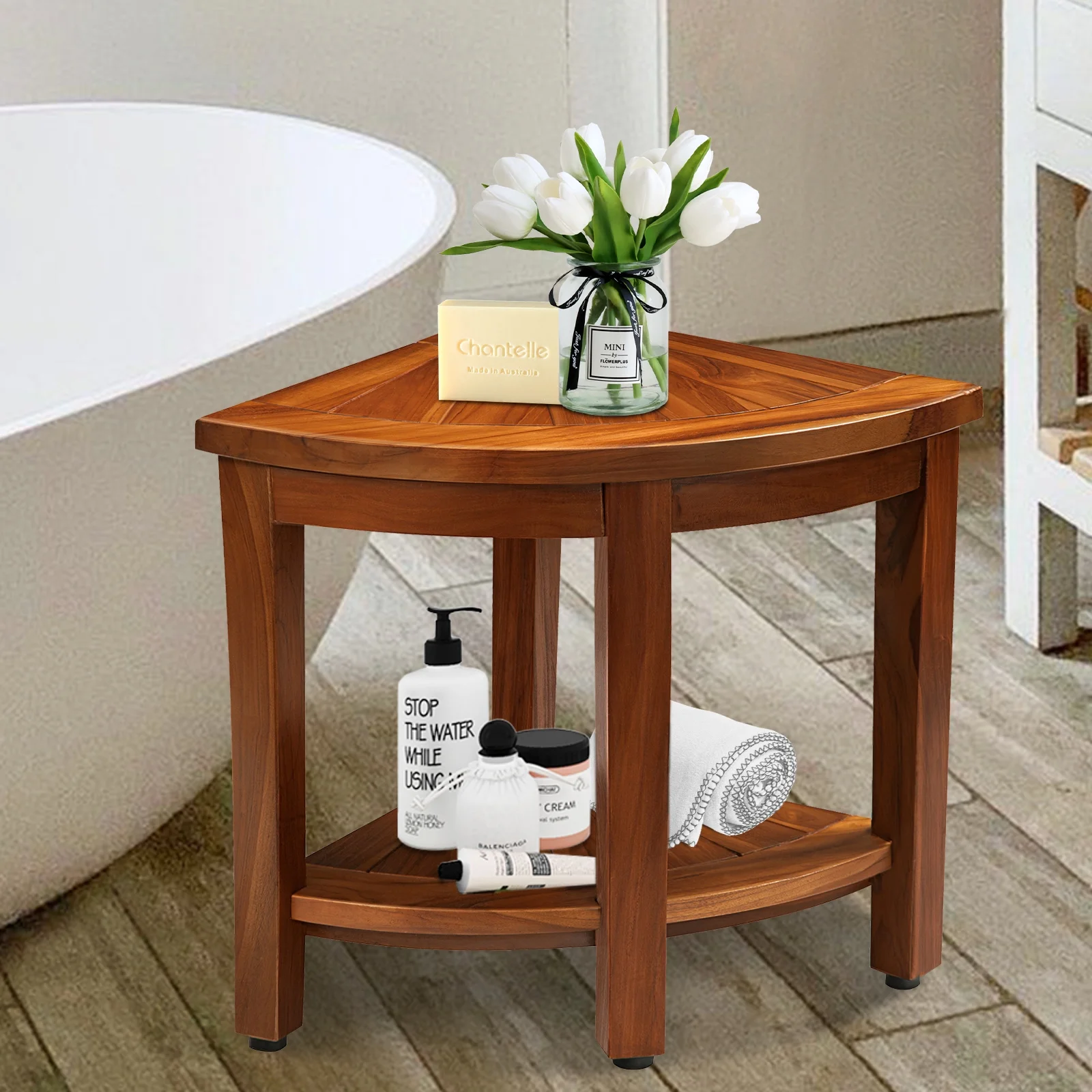 Jolicasa Teak Shower Bench with Shelf, Waterproof Teak Wood Shower Stool & Spa, Corner Stool for Elderly, Indoor and Outdoor Use - Assemble Required