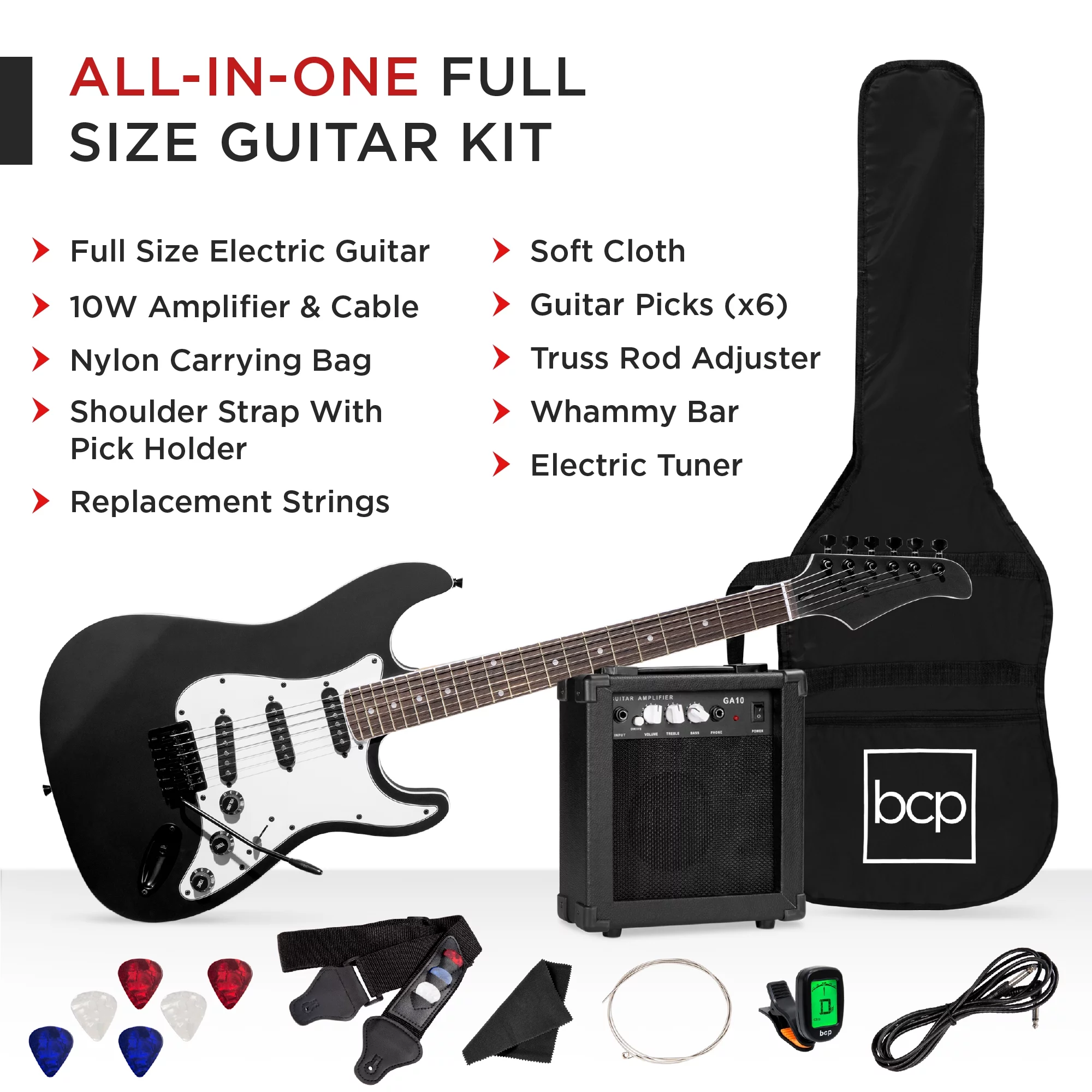 Best Choice Products 39in Full Size Beginner Electric Guitar Kit with Case, Strap, Amp, Whammy Bar - Jet Black