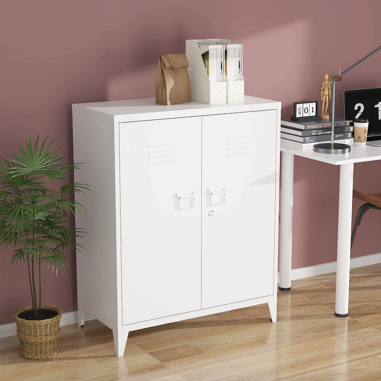 MIIIKO Metal Locker with 2 Doors, Metal Storage Sideboard Accent Cabinets for Kitchen, Pantry, Home Office and Garage