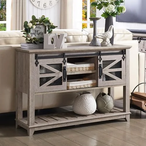 KHBIULIFE Entryway Table w/Sliding Barn Doors  46'' Farmhouse & Industrial Console Table with   Rustic Sofa Table w/Adjustable  & Open  for Entry Way  Hallway  Living Room