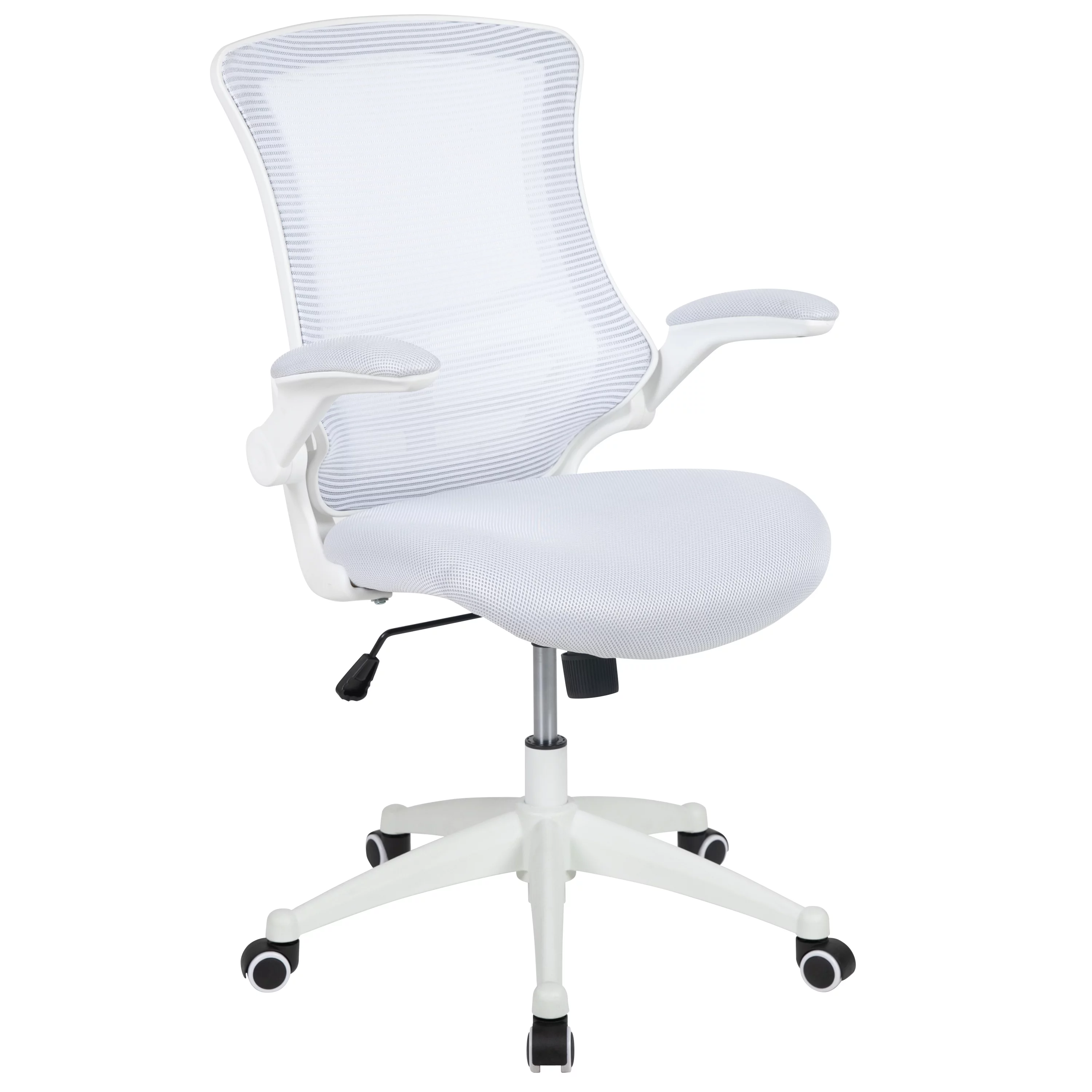BizChair Mid-Back White Mesh Swivel Ergonomic Task Office Chair with White Frame and Flip-Up Arms