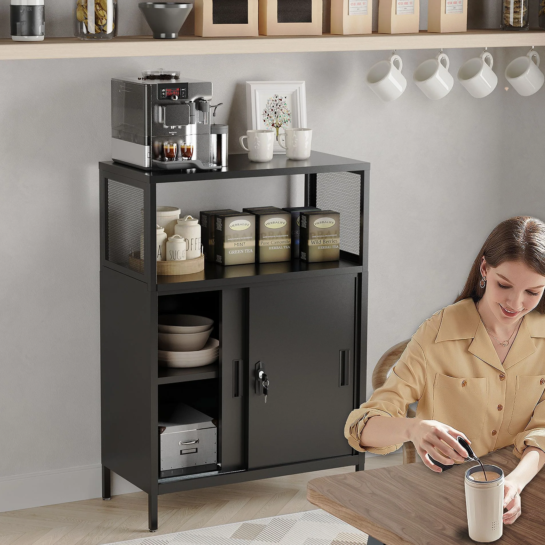 hiwalen Metal Storage Cabinet With Sliding Doors And Adjustable Shelf,Coffee Bar Buffet Cabinet With Storage,Accent Cabinet For Home Office, Hallway, Living Room,Black