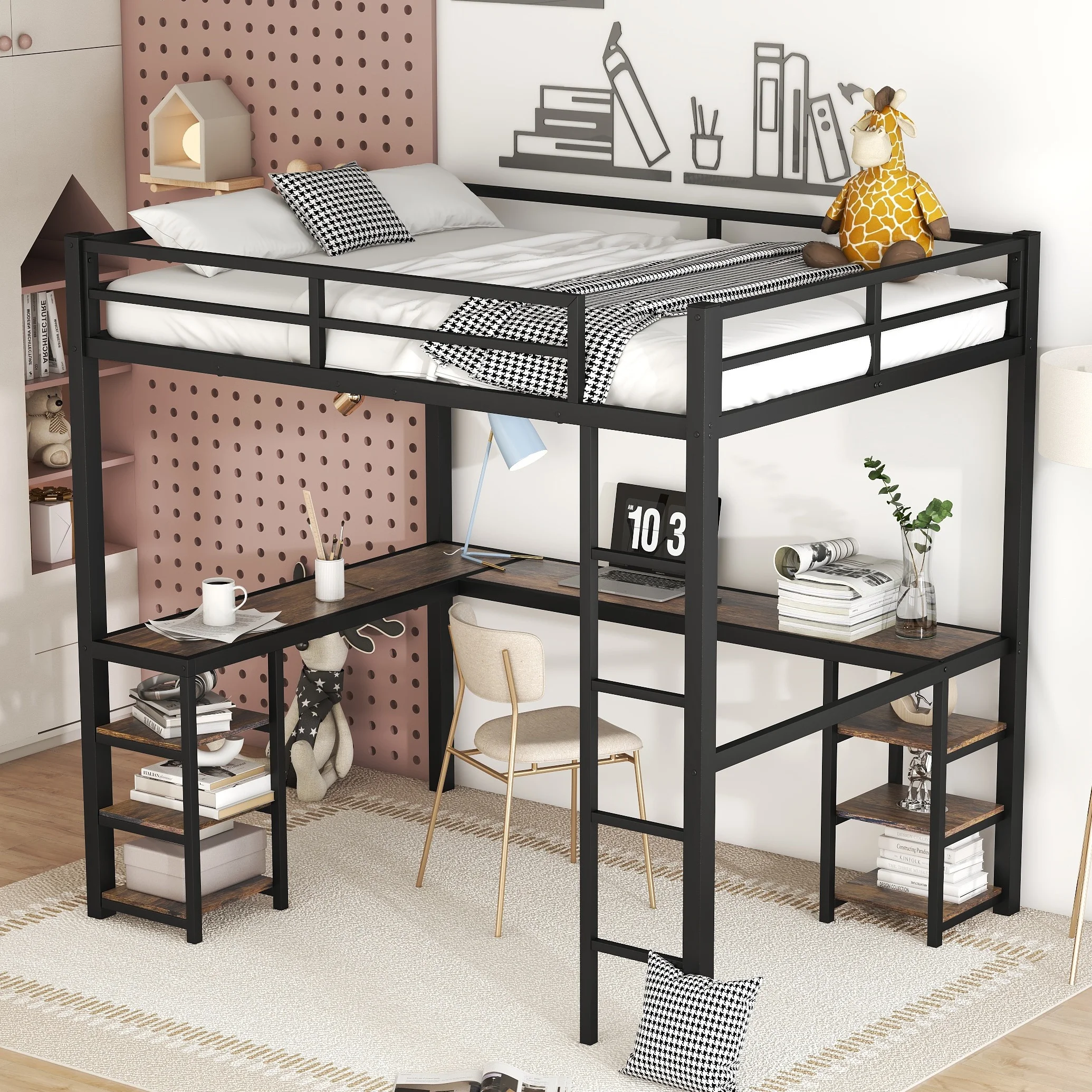 Bellemave Full Size Loft Bed with Desk and Shelves, Metal Heavy-Duty Steel Loft Bed Frame Built-in Ladder for Boy Girls Teens Kids Adults(Black）
