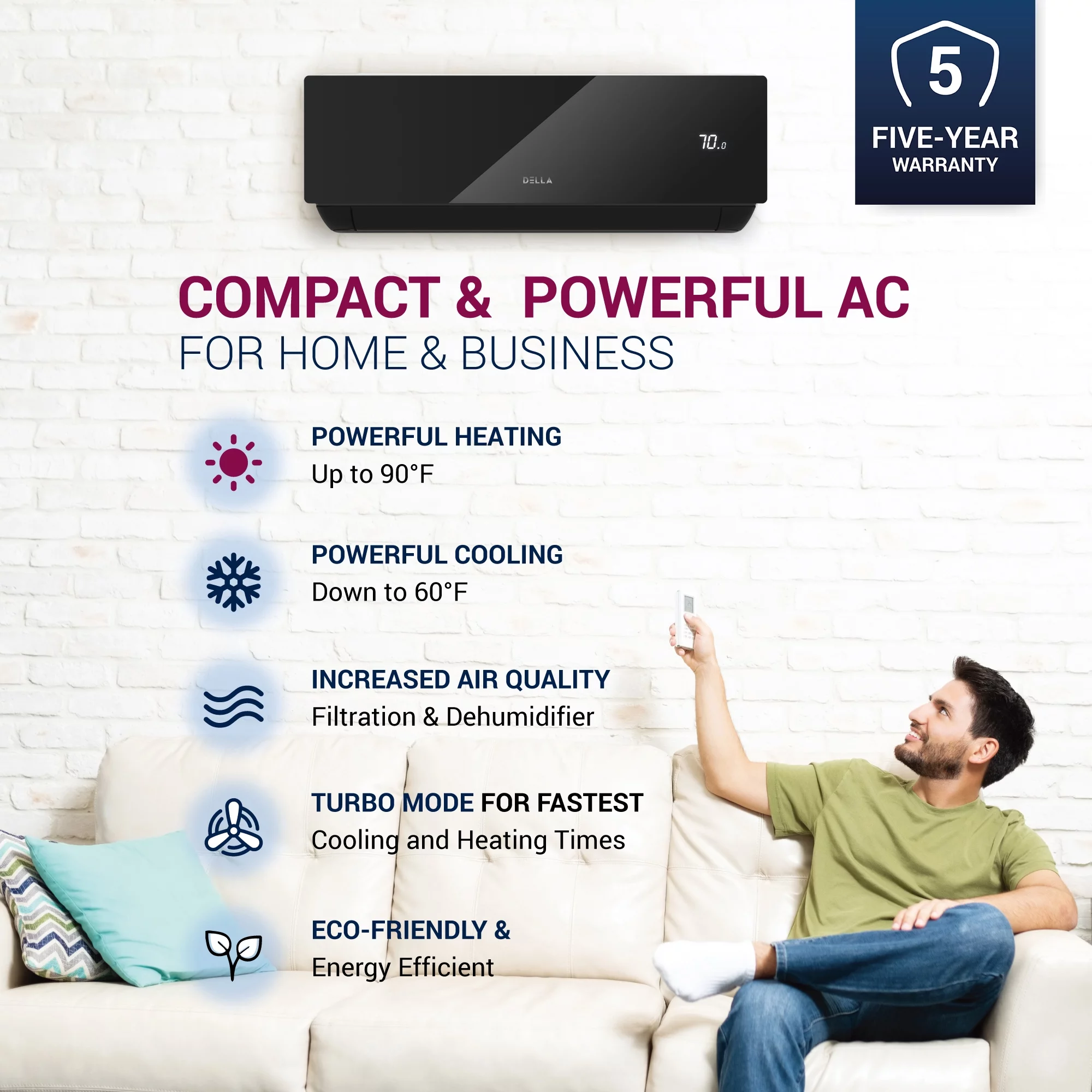 DELLA 12000 BTU Wifi Enabled 17.5 SEER Cools Up to 550 Sq.Ft 208-230V Energy Efficient Mini Split Air Conditioner & Heater Ductless Inverter System, with 1 Ton Heat Pump (JPB Series)