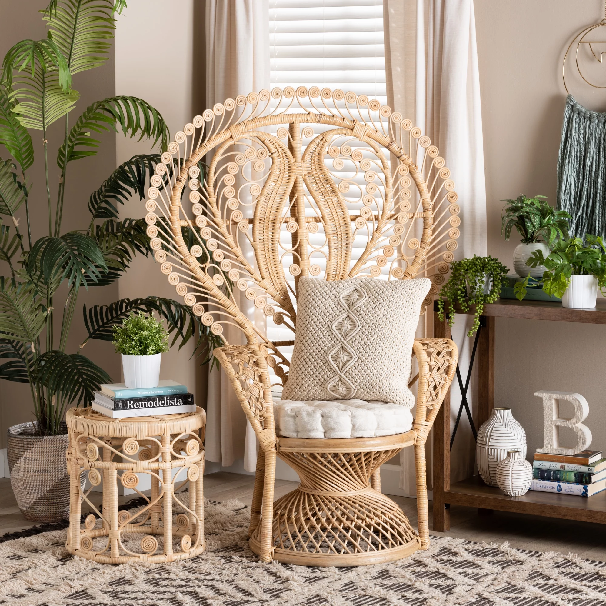 bali & pari Fedra Rattan BOHO Peacock Chair, Natural Brown