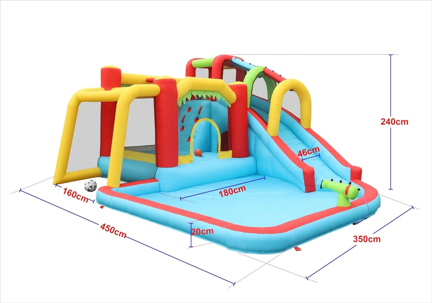 7 in1 Inflatable Slide Water Park Bouncing House Outdoor Soccer Garden Bouncer with Splash Pool & Water Gun & Climbing Wall & Basketball & Football