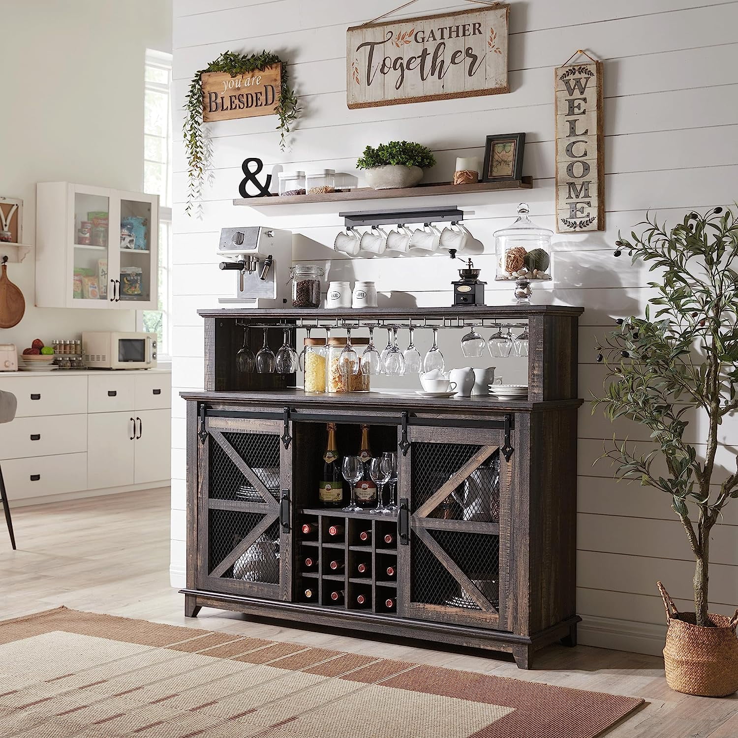OKD Farmhouse Coffee Bar Cabinet With Racks & LED Light, 55