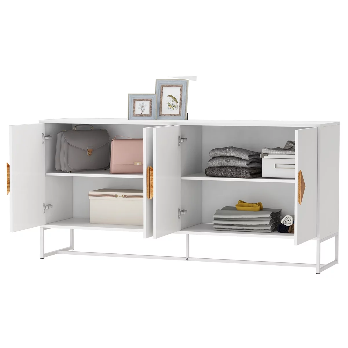 Astarth Storage Sideboard Cabinet White Modern 4 Doors Kitchen Buffet Cabinet Television Tables Entryway Cupboard Furniture with Solid Wood Square Handles and Metal Legs
